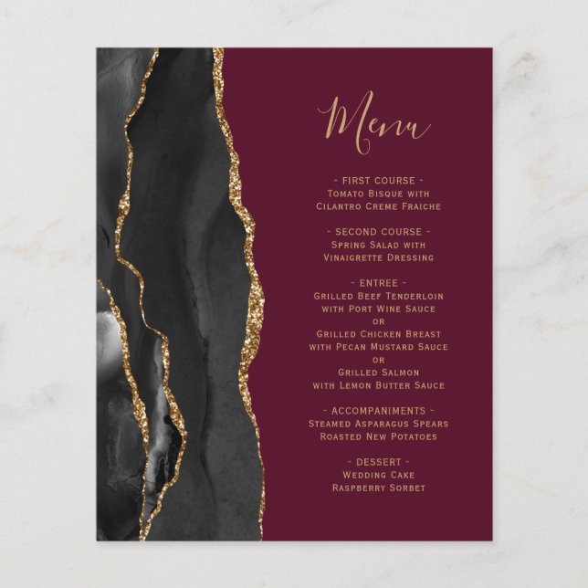 Menu de mariage bordeaux agate noir or budget (Devant)
