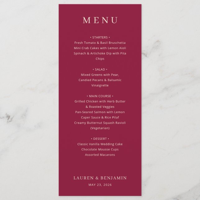 Menu de mariage bordeaux élégant (Devant)