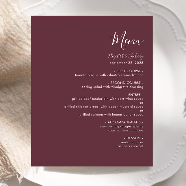 Menu de mariage bordeaux moderne et économique (Créateur téléchargé)