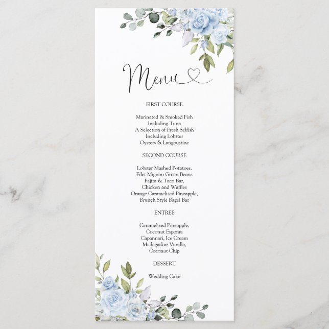 Menu de mariage botanique bleu doux (Devant)