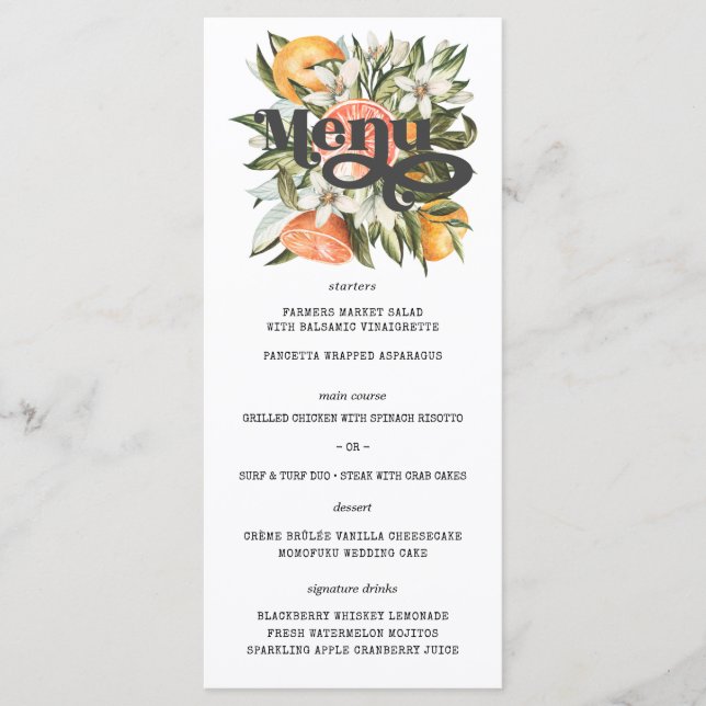 Menu de mariage botanique boho de verger de citron (Devant)