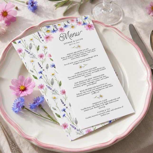 Menu de mariage botanique de dîner de fleurs sauva (Menu - Pressed Spring Meadow Wildflower Wedding Collection by Darling & May)