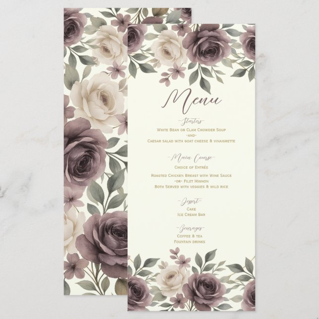 Menu de mariage botanique Dusty Mauve & Ivory Bloo (Devant / Derrière)