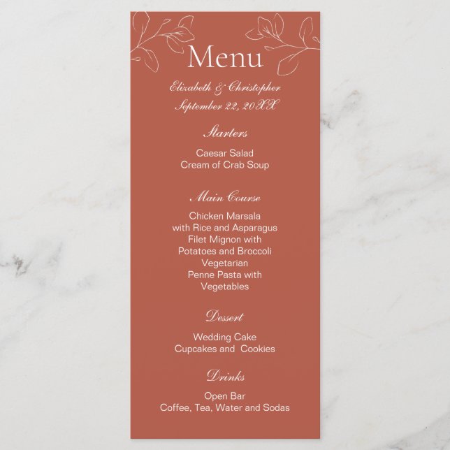 Menu de mariage botanique floral blanc terracotta (Devant)