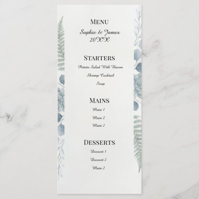 Menu de mariage botanique gris bleu (Devant)
