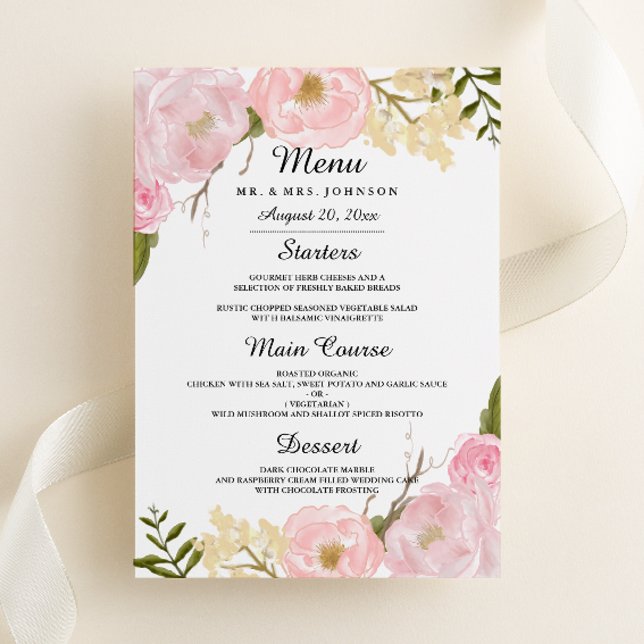 Menu de mariage botanique rose blanc blush pour dî (Créateur téléchargé)
