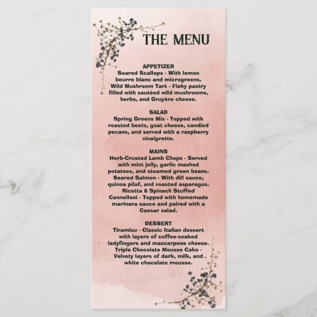 Menu de mariage botanique rose poussiéreux , Menu  (Devant)