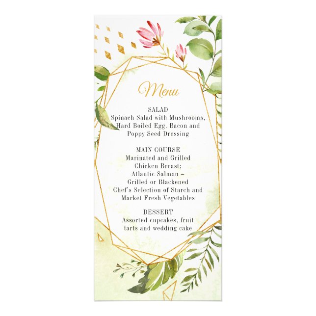 Menu de mariage botanique rose vert or géométrique (Devant)