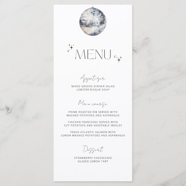 Menu de mariage boule disco argent minimaliste (Devant)
