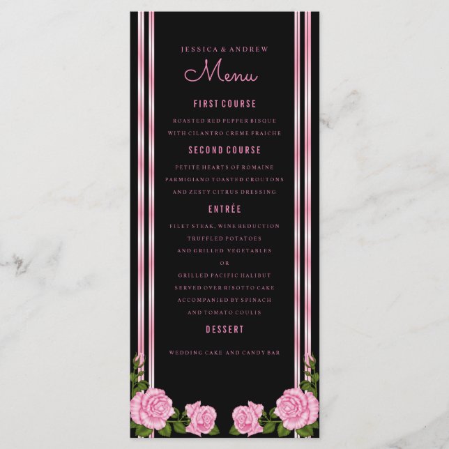 Menu de mariage bouquet de roses de coin chic élég (Devant)