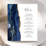 Menu de mariage Budget Agate Bleu Nuit Or<br><div class="desc">Le bord gauche de ce menu de mariage élégant et moderne présente une bordure d'agate aquarelle bleu nuit agrémentée de faux strass dorés. Le texte personnalisable combine une écriture manuscrite et des polices copperplate en gris charbon sur fond blanc. Le verso présente un motif agate bleu nuit et or assorti....</div>