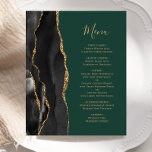 Menu de mariage Budget Black Gold Agate Vert<br><div class="desc">Le bord gauche de ce menu de mariage élégant et moderne présente une bordure d'agate à l'aquarelle noire rehaussée de faux strass dorés. Le texte personnalisable combine une écriture manuscrite dorée et des polices copperplate sur un fond vert émeraude foncé. Le verso présente un design d'agate noir et or assorti....</div>