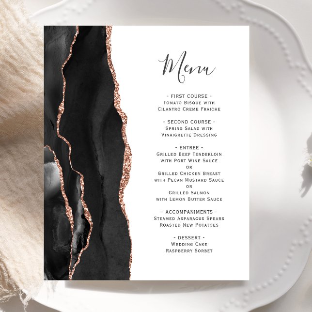 Menu de mariage Budget Black Rose Gold Agate (Créateur téléchargé)