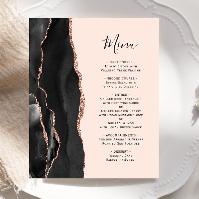 Menu de mariage Budget Black Rose Gold Agate Blush (Créateur téléchargé)