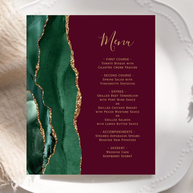 Menu de mariage budget émeraude vert or burgundy (Créateur téléchargé)