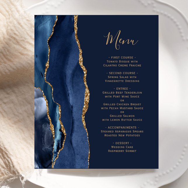 Menu de mariage Budget Navy Blue Agate Or (Créateur téléchargé)