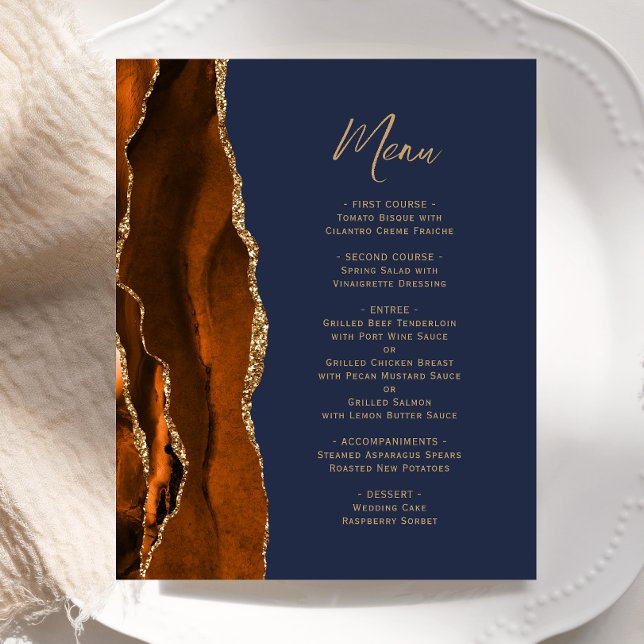 Menu de mariage Budget Orange Brûlé Agate Bleu Nui (Créateur téléchargé)