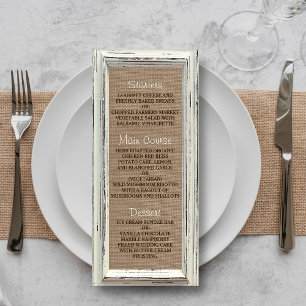 Menu de mariage cadre blanc rustique et toile de j