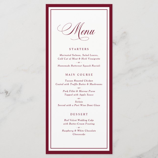Menu de mariage cadre élégant classique bordeaux (Devant)