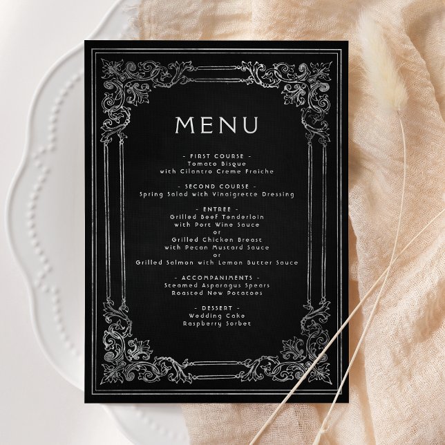 Menu de mariage cadre vintage noir argent (Créateur téléchargé)
