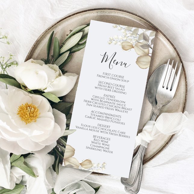 Menu de mariage calligraphié avec verdure (Wedding menu card with calligraphy script and elegant foliage.)