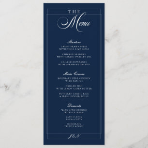 Menu de mariage calligraphié bleu marine et ivoire