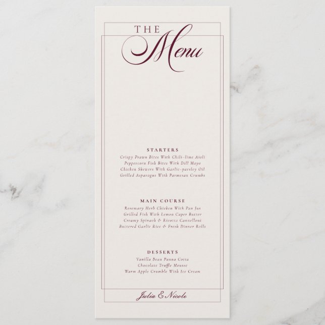 Menu de mariage calligraphié classique vert et ivo (Devant)