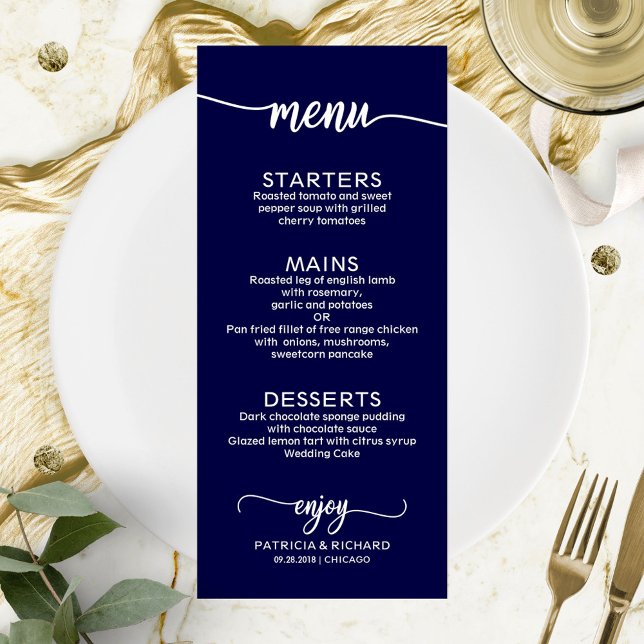 Menu de mariage calligraphie élégante bleu marine (Créateur téléchargé)