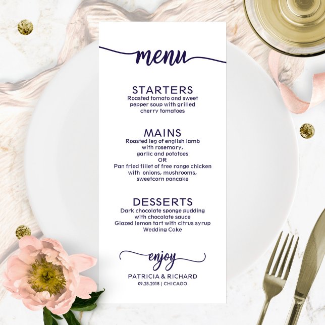 Menu de mariage calligraphie élégante chic bleu ma (Créateur téléchargé)