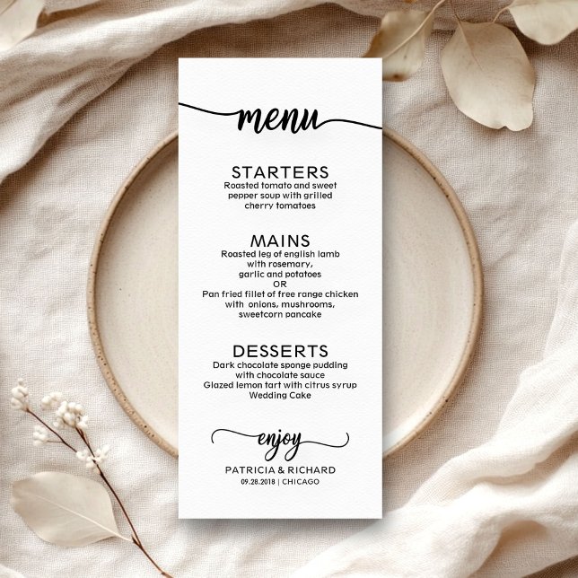 Menu de Mariage Calligraphie Élégante  Noir et Bla (Créateur téléchargé)