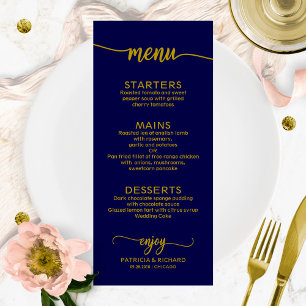 Menu de mariage calligraphie élégante or bleu mari
