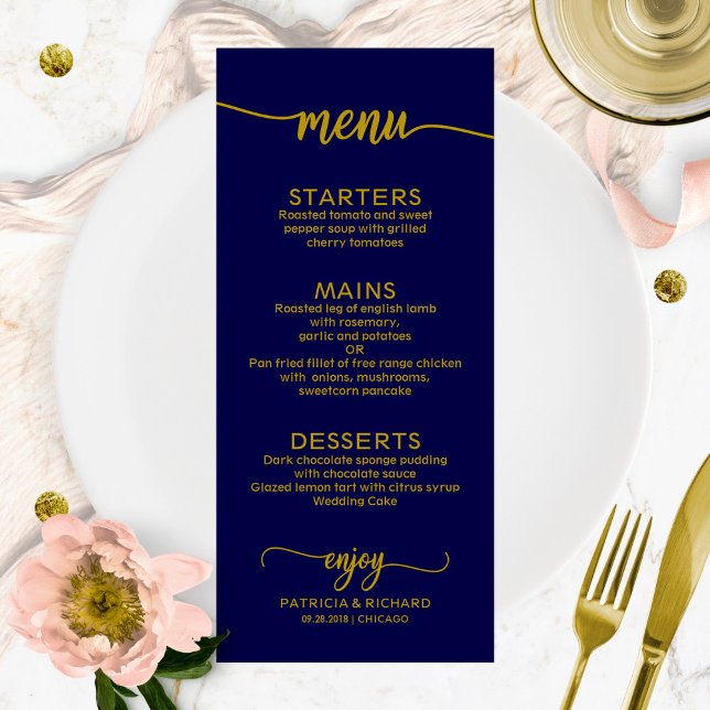 Menu de mariage calligraphie élégante or bleu mari (Créateur téléchargé)