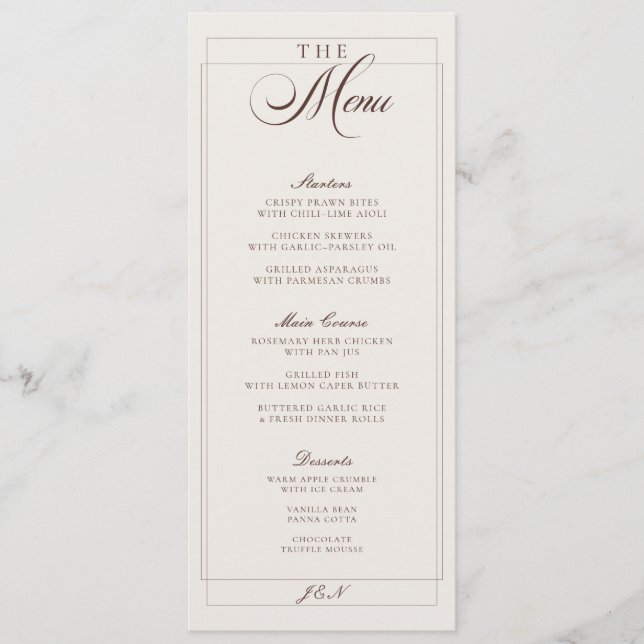 Menu de mariage calligraphié marron ivoire classiq (Devant)