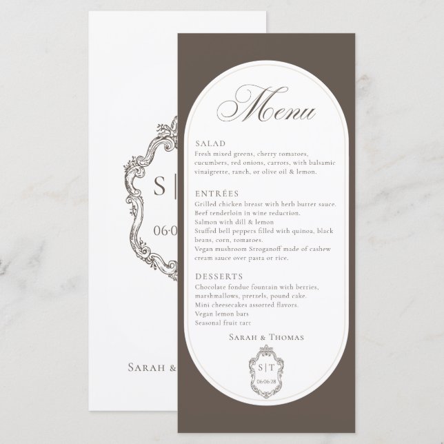 Menu de mariage Calligraphy Mocha Marron (Devant / Derrière)