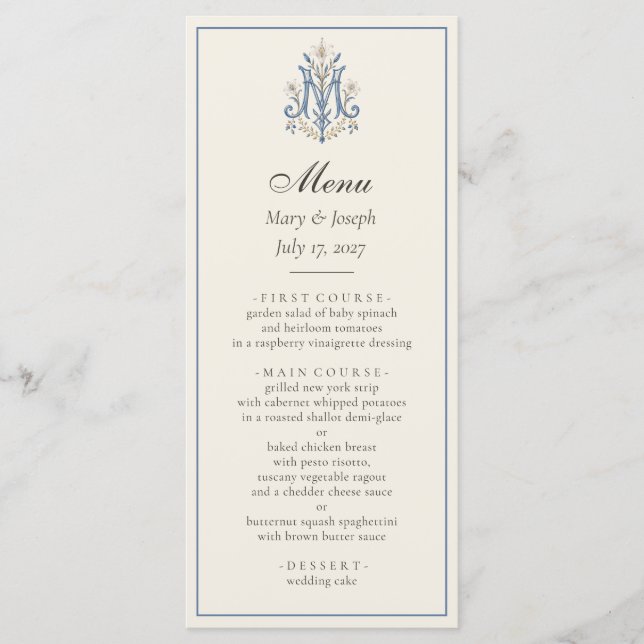 Menu de mariage catholique Elegant Blue Roses | Ma (Devant)