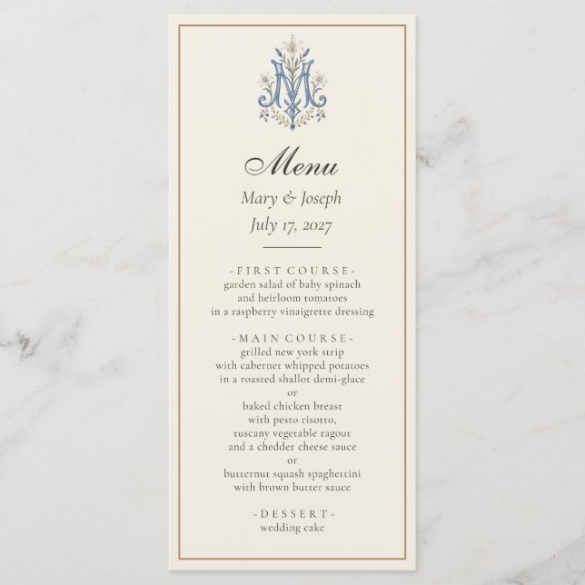 Menu de mariage catholique Elegant Blue Roses | Ma (Devant)