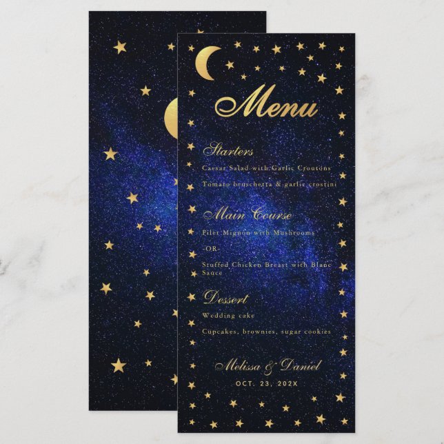 Menu de mariage céleste - Étoiles bleues élégantes (Devant / Derrière)