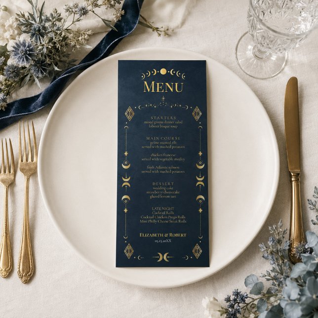 Menu de mariage céleste gothique bleu nuit or (Celestial Gothic Midnight Blue Gold Wedding Menu)