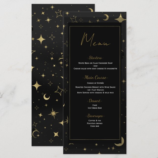 Menu de mariage Céleste Lune Étoiles Noir & Or (Devant / Derrière)