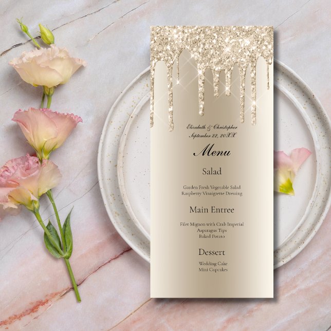 Menu de mariage Champagne qui dégouline de paillet (Champagne Dripping Glitter Wedding Menu)