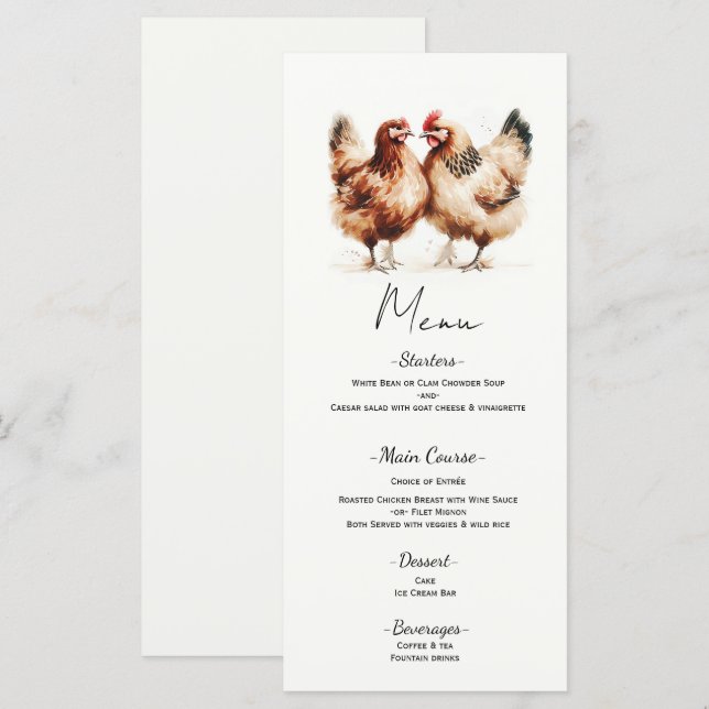 Menu de mariage champêtre à l'aquarelle Poules Bru (Devant / Derrière)