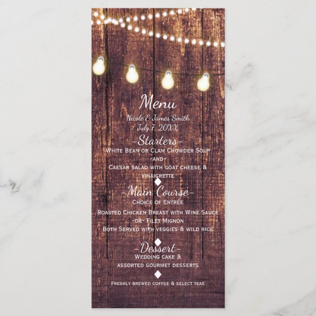 Menu de mariage champêtre avec lumières en bois ru (Devant)