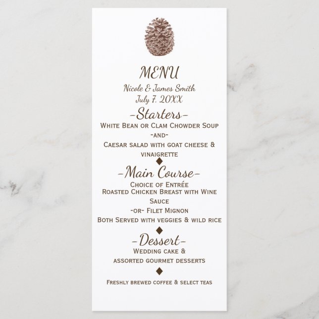 Menu de mariage champêtre élégant à cône de pin ru (Devant)