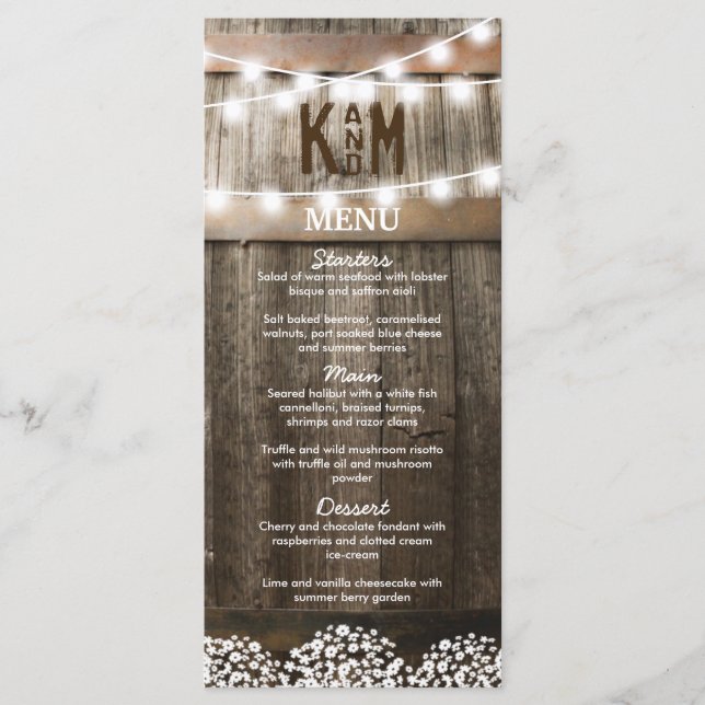Menu de mariage champêtre rustique (Devant)