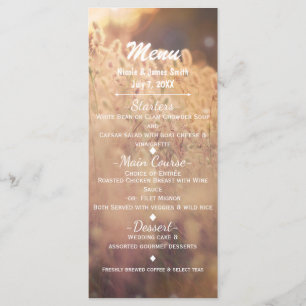 Menu de mariage champêtre rustique au champ de fle