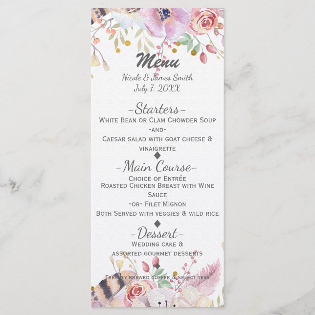 Menu de mariage champêtre rustique Fleurs & bois d (Devant)