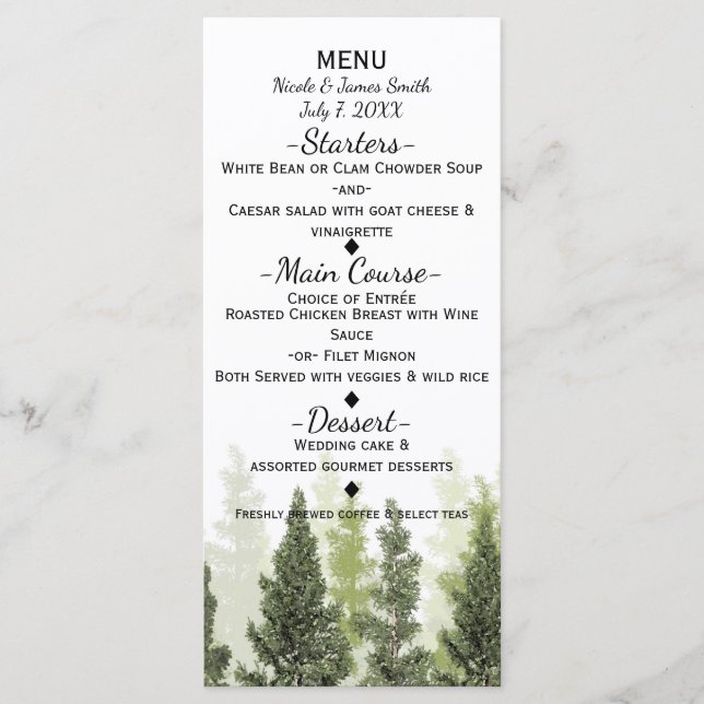 Menu de mariage champêtre simple avec pins rustiqu (Devant)