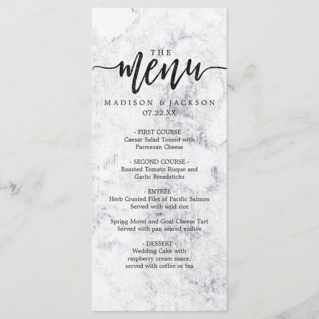 Menu de mariage chic en marbre blanc et gris (Devant)