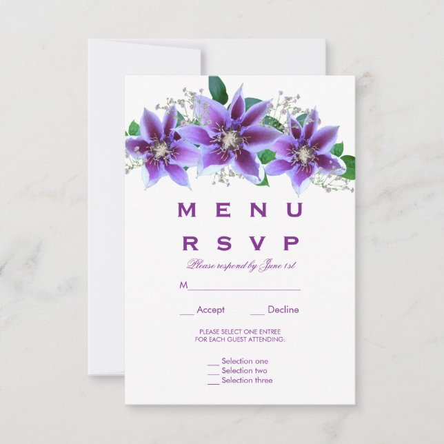 Menu de mariage chic et élégant Clematis RSVP (Devant)