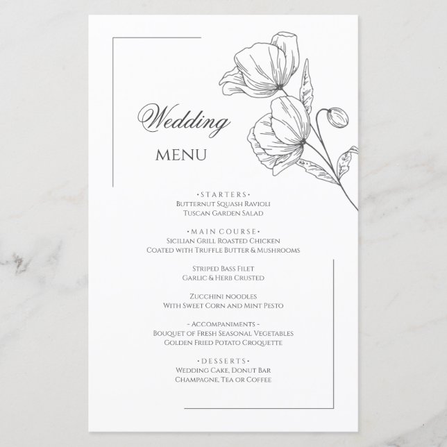 Menu de mariage chic fleur de coquelicot (Devant)